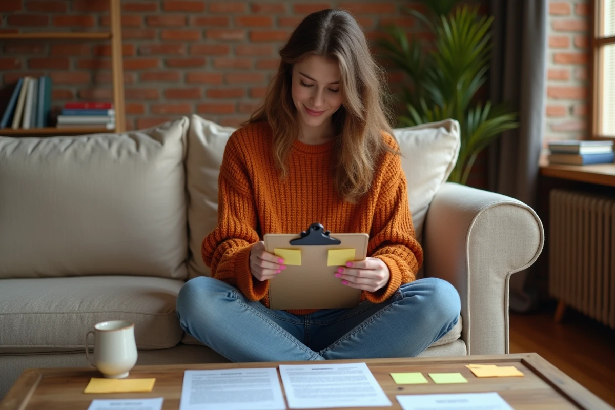 Jeune femme qui réorganise les paragraphes d'un texte long avec des notes autocollantes et des fiches imprimées posées sur une table basse dans un salon chaleureux