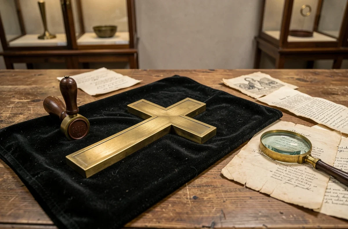 Réplique en laiton de la Croix de Lorraine posée sur velours avec des artefacts historiques médiévaux