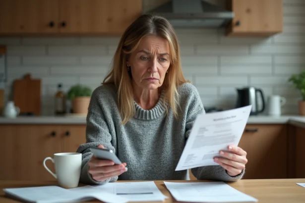 Femme consultant une lettre de résiliation Free à son domicile avec son smartphone en main