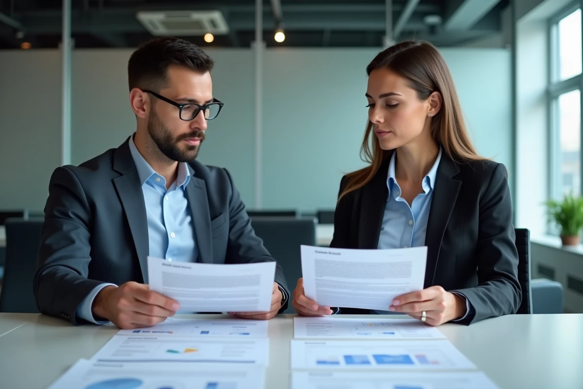 Deux adultes examinant des directives de modération de contenu imprimées lors d'une réunion professionnelle