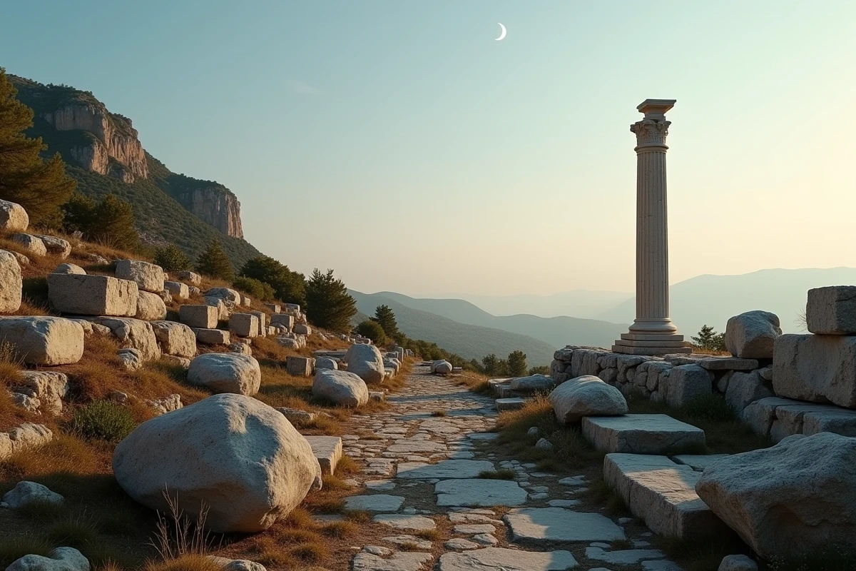 Ruines archéologiques grecques avec colonnes dorique effondrées et croissant de lune évoquant le culte archaïque d'Artémis dans les textes d'Homère