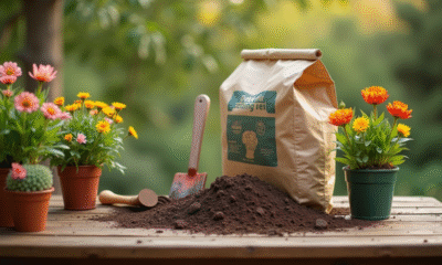Sac de terreau abordable sur une table en bois avec outils et plantes en fleurs