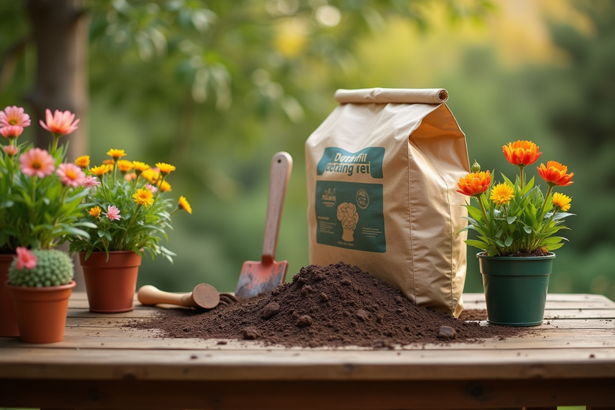 Sac de terreau abordable sur une table en bois avec outils et plantes en fleurs