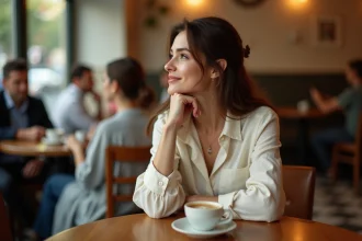 Femme souriante penchée en avant dans un café, exprimant un signe amoureux par son langage corporel ouvert et attentif