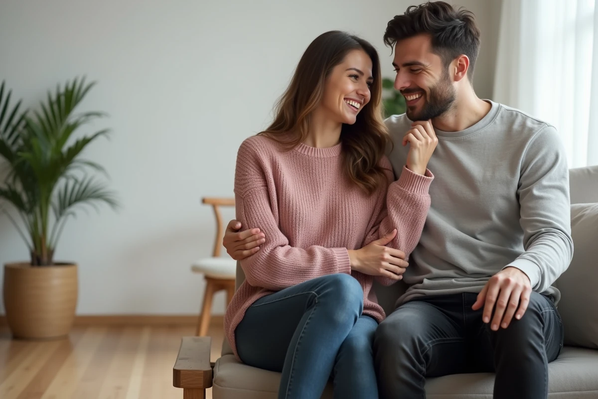 Femme tournée vers un homme avec un geste de la main sur la clavicule, signes amoureux non verbaux et langage corporel féminin en couple