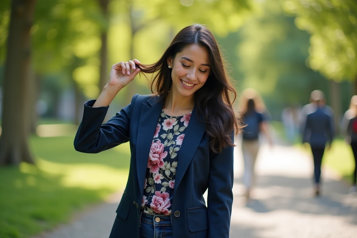 Femme jouant avec ses cheveux dans un parc urbain, signe de timidité et d'intérêt romantique révélé par le langage corporel