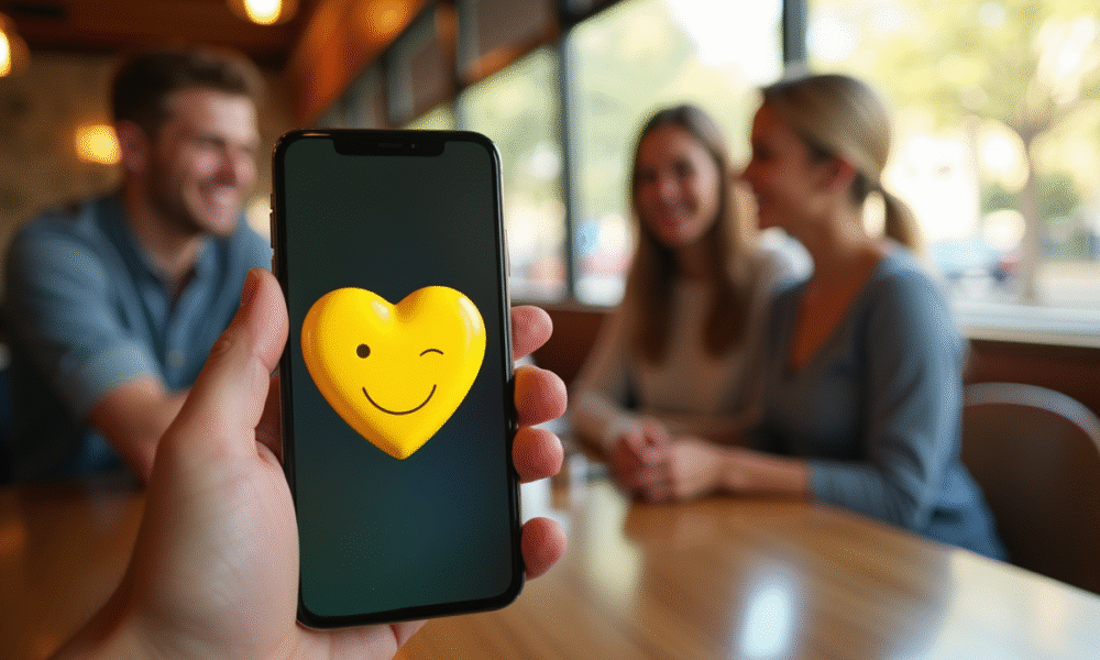 Smartphone affichant un cœur jaune dans un café lumineux