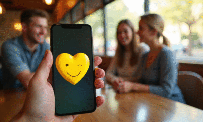 Smartphone affichant un cœur jaune dans un café lumineux