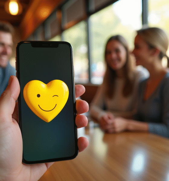 Smartphone affichant un cœur jaune dans un café lumineux