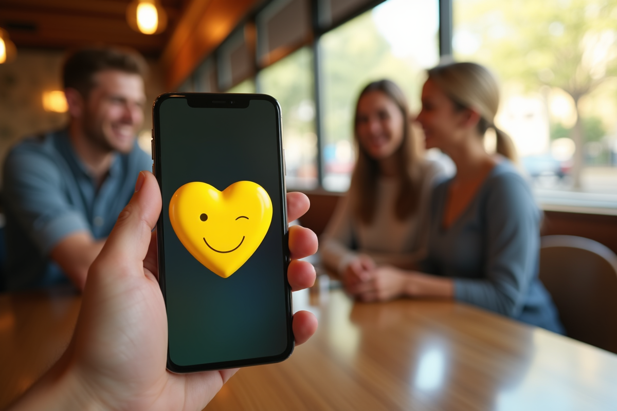 Smartphone affichant un cœur jaune dans un café lumineux