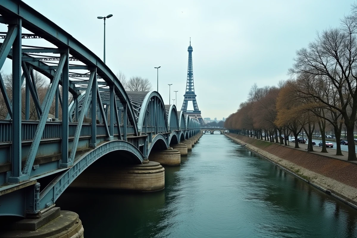 Vue du viaduc de la ligne 6 du métro à la station Bir-Hakeim avec la Tour Eiffel en arrière-plan