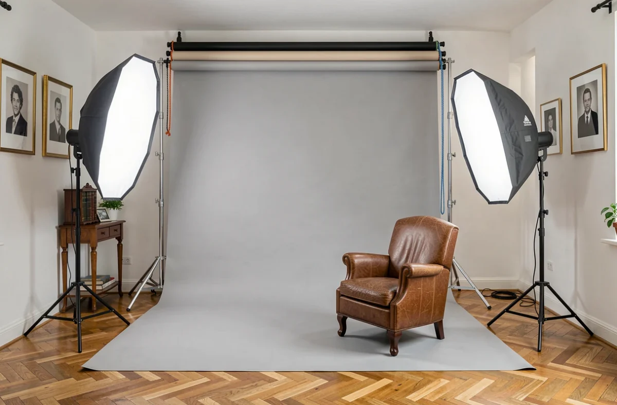 Intérieur du Studio Herrero, studio photo professionnel en Tarn-et-Garonne, avec fond gris, réflecteurs et tirages encadrés au mur