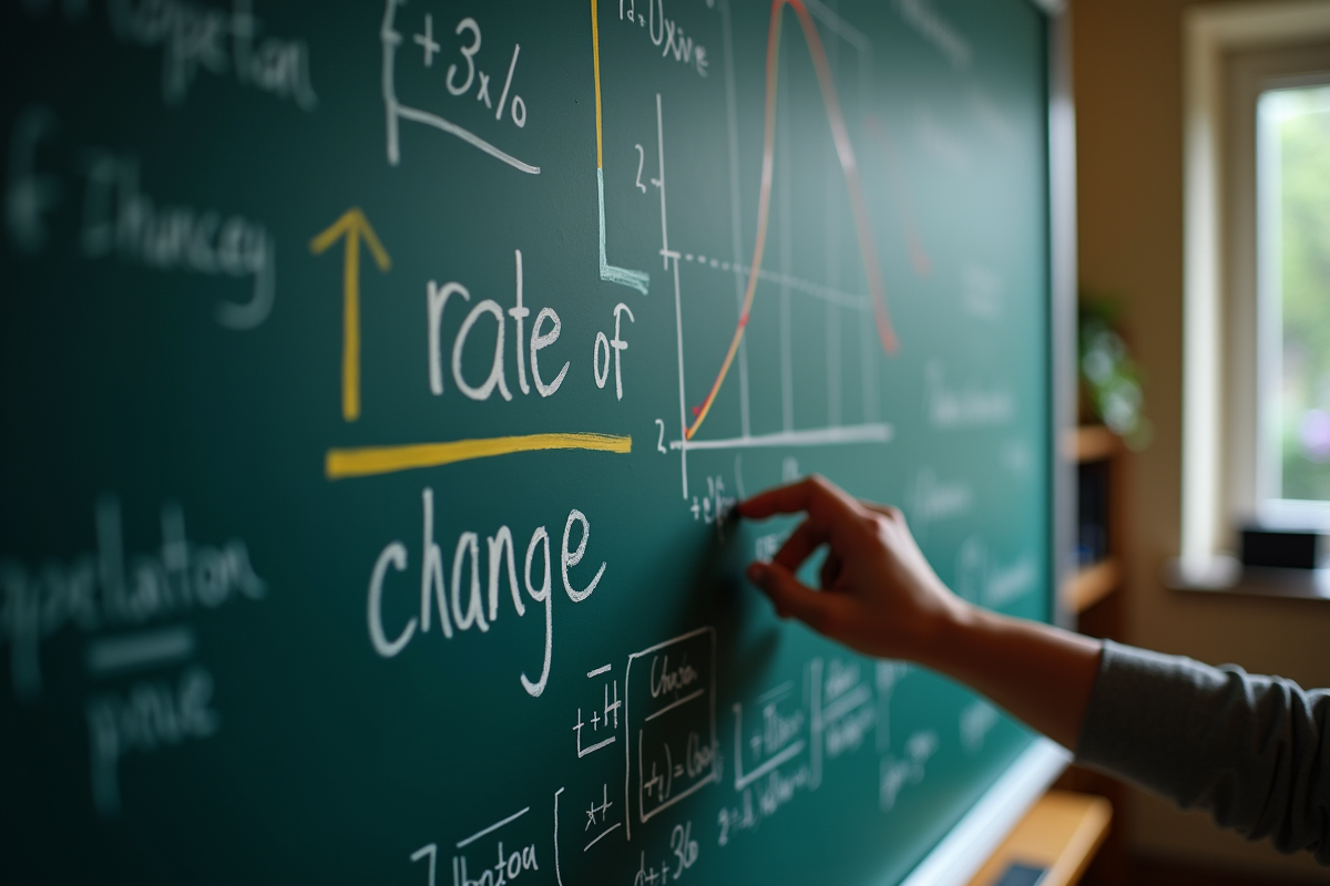 Tableau noir avec formules mathématiques et graphiques colorés