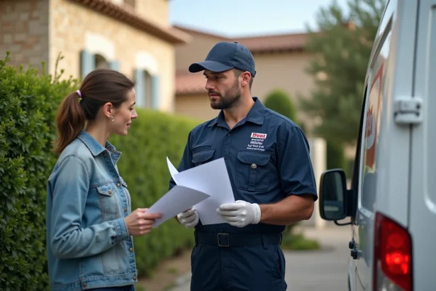 Technicien de lutte antiparasitaire avec client devant maison