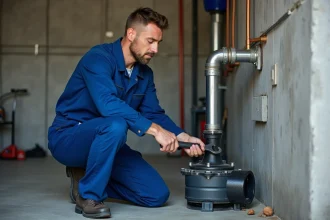 Technicien en overalls inspectant une pompe de cave résidentielle