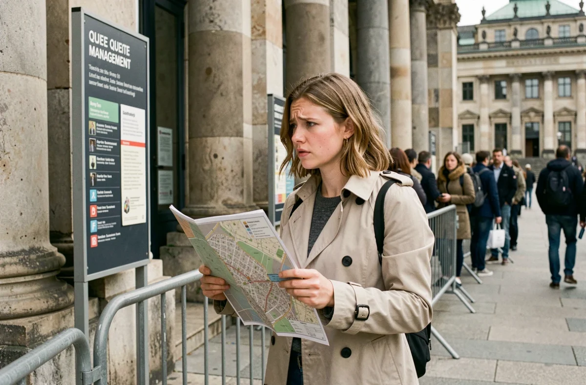 Femme touriste confuse devant les contrôles d'entrée du Parlement de Berlin