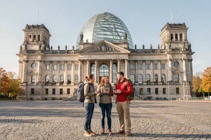 Touristes devant le Reichstag à Berlin avec la coupole en verre en arrière-plan
