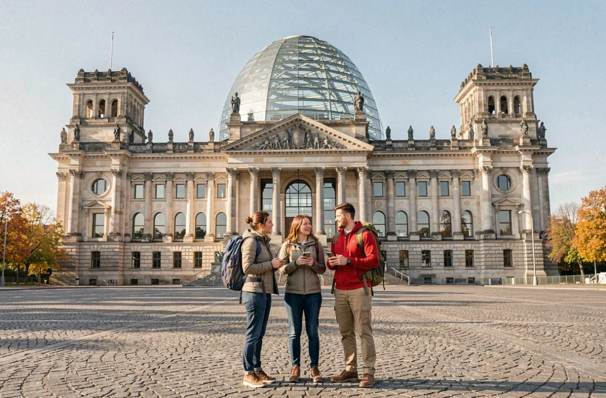 Touristes devant le Reichstag à Berlin avec la coupole en verre en arrière-plan