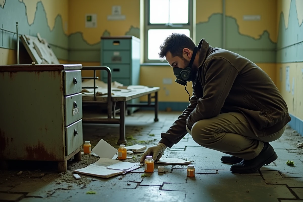 Urbexeur explorant une chambre de patient dans un asile psychiatrique abandonné avec dossiers médicaux éparpillés