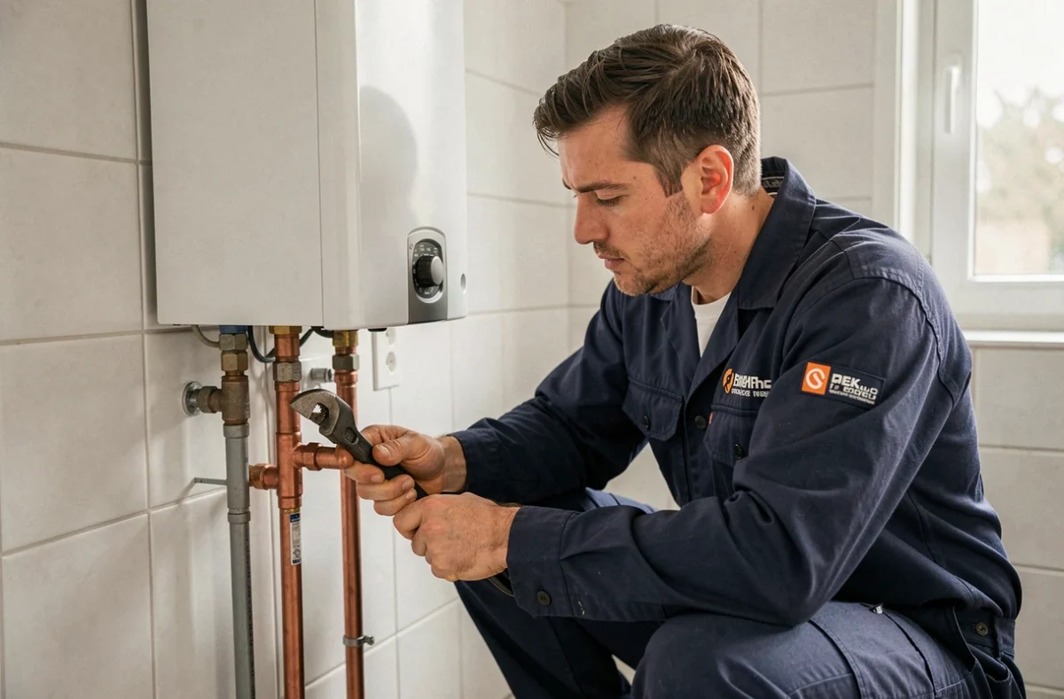 Technicien de VCS Plomberie ajustant des raccords en cuivre sur une chaudière murale dans une salle de bain résidentielle
