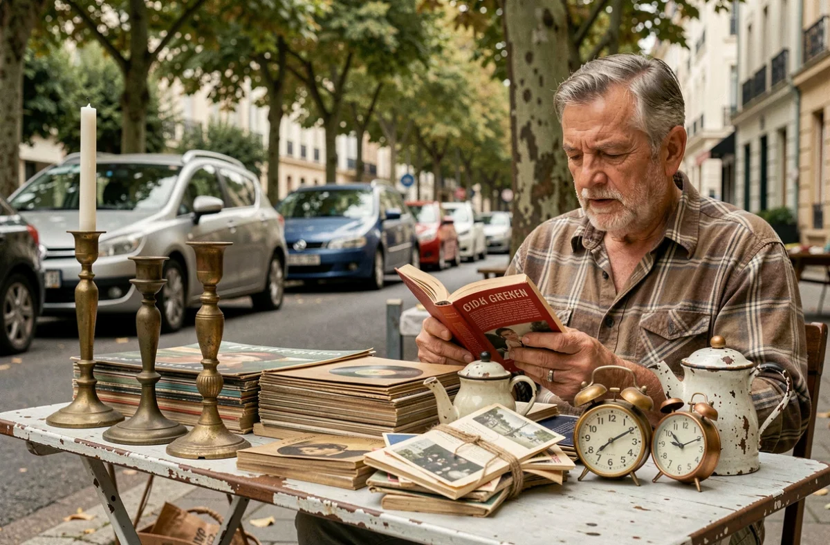 Vendeur âgé derrière son étal de brocante avec objets vintage lors d'un vide grenier en Anjou