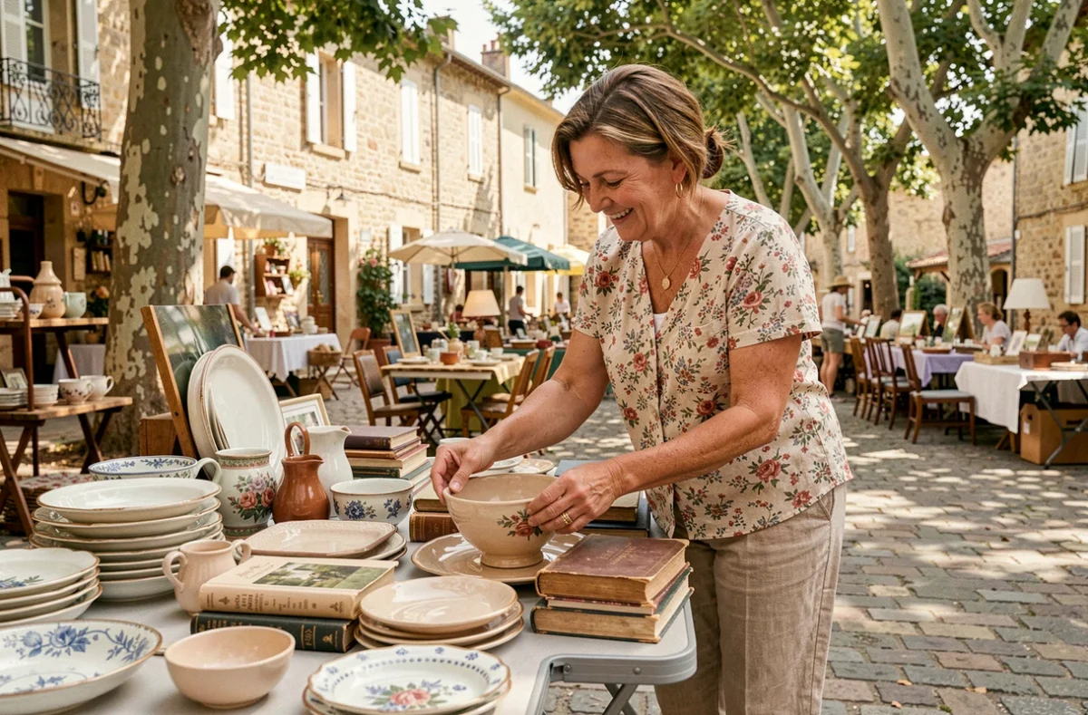Femme vendant de la vaisselle ancienne et des livres sur un stand de vide grenier en plein air dans le Tarn-et-Garonne