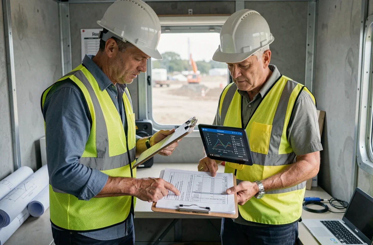 Deux conducteurs de travaux vérifiant les données de dosage et les résultats d'essais béton sur un bordereau technique dans un bureau de chantier