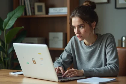 Femme vérifiant la fiabilité d'un site e-commerce sur son ordinateur portable dans un bureau à domicile