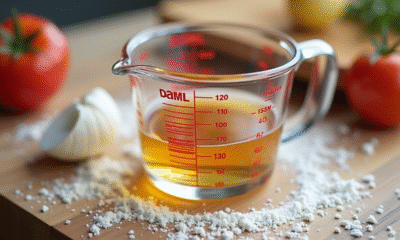 Verre mesure 150 ml sur plan de travail en bois