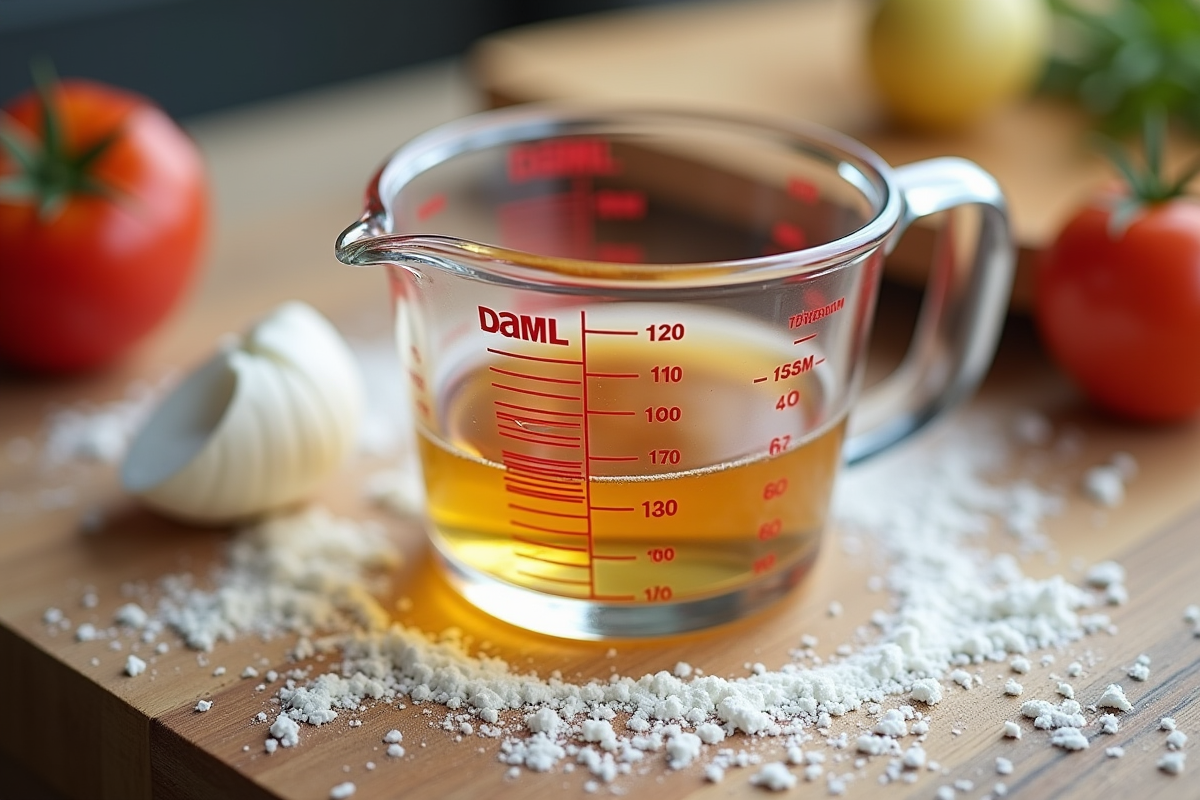 Verre mesure 150 ml sur plan de travail en bois
