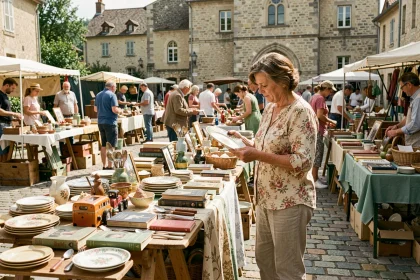 Femme parcourant les étals d'un vide grenier en plein air dans une place de village du Maine-et-Loire