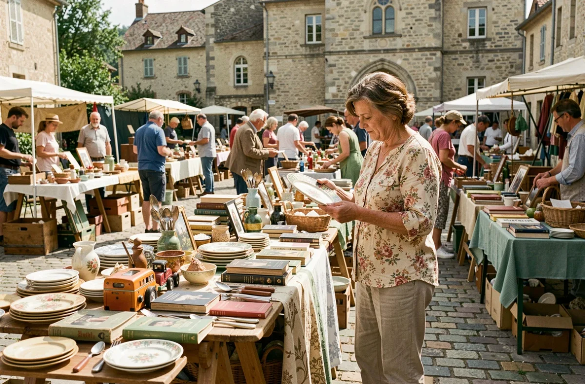 Femme parcourant les étals d'un vide grenier en plein air dans une place de village du Maine-et-Loire