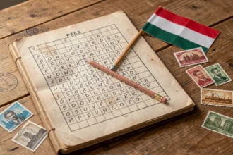 Mots fléchés vintage ouverts sur une table en bois avec des timbres hongrois et le mot PÉCS visible dans la grille