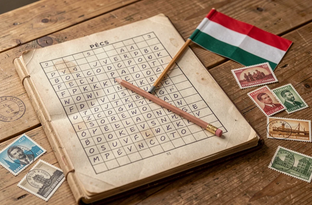 Mots fléchés vintage ouverts sur une table en bois avec des timbres hongrois et le mot PÉCS visible dans la grille