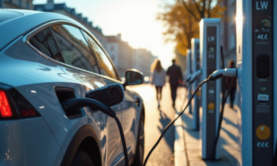 Voiture électrique en charge dans une ville ensoleillée