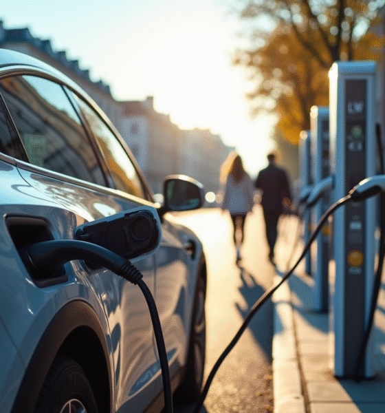 Voiture électrique en charge dans une ville ensoleillée