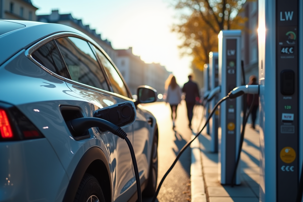 Voiture électrique en charge dans une ville ensoleillée
