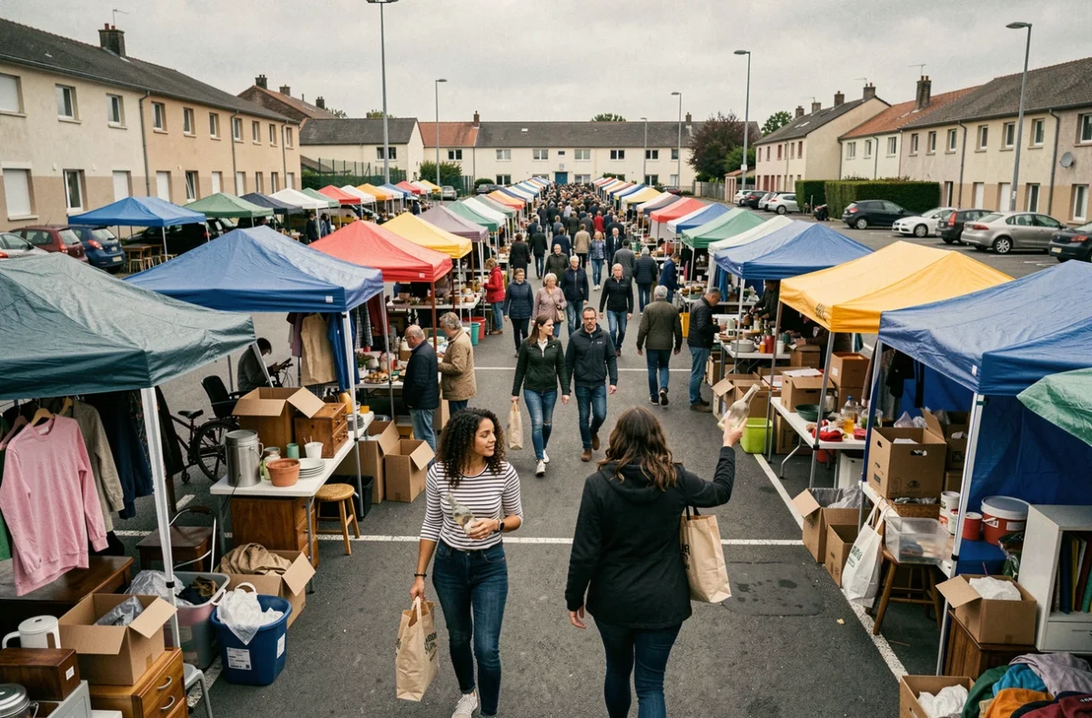 Vue d'ensemble d'un grand vide grenier de quartier avec familles et étals variés dans le 49
