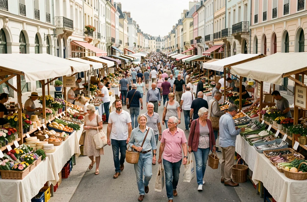 Vue panoramique du marché de Deauville animé avec étals de fromages, fleurs et produits normands